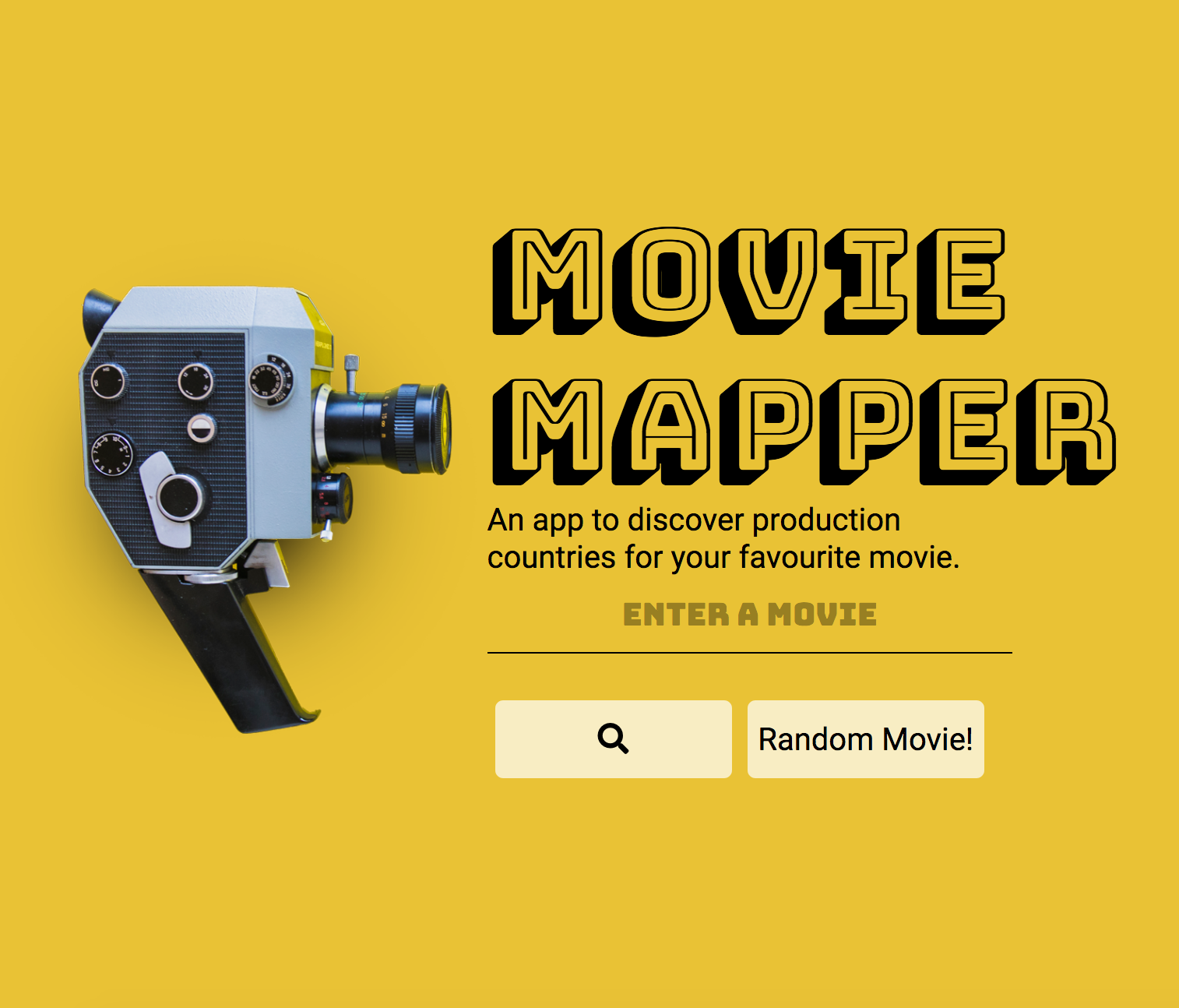 screenshot of movie mapper home page - vintage camera with a search bar for a movie