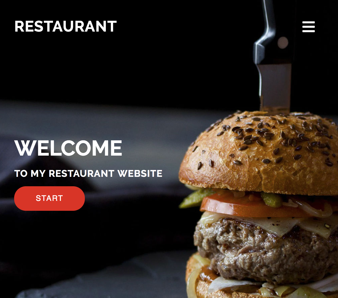 screenshot of website home page, with an image of a hamburger